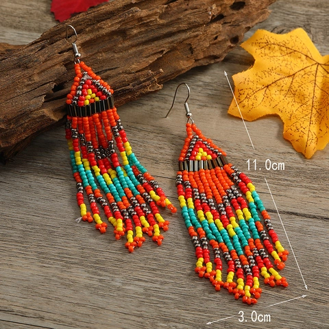 Bohemian Lange Quasten Ohrringe Handgefertigte Perlen Geometrischer Ethno Stil Mit Edelstahl Ohrstecker Für Damen
