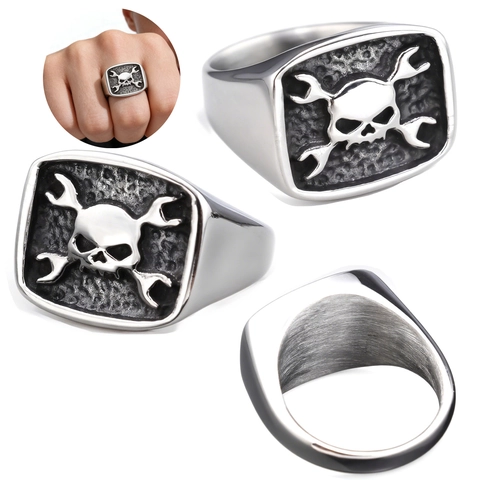Anello Teschio Chiave Incrociata Acciaio Inossidabile Vintage Gotico Biker Punk Rock Gioielli Uomini