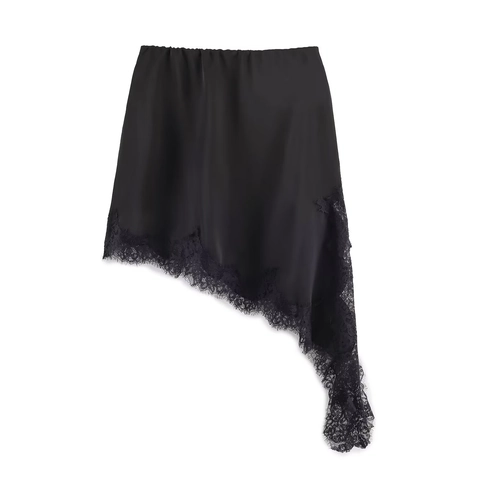 Falda De Satén Con Encaje Asimétrica Para Mujer Dobladillo Irregular Sexy Color Sólido Streetwear Elegante Minifalda