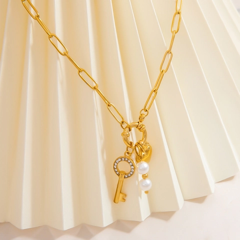 Edelstahl Herz Schlüssel Anhänger Halskette Künstliche Perle Strass 18K Vergoldet Schlüsselbeinkette Schmuck Für Damen