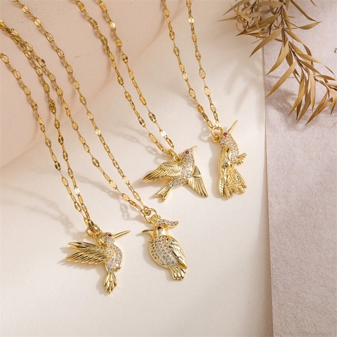 Collier Pendentif Colibri Cuivre Plaqué Or Zircon Micro Pavé Oiseau Bijoux Animaux