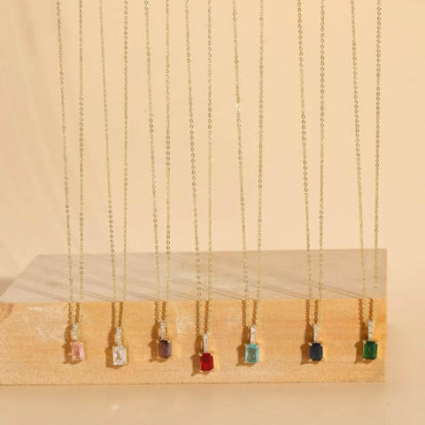 Hanger Ketting Geometrische Rechthoek Kleurrijke Zirkonia Koper 14K Verguld Elegante Choker Voor Dames