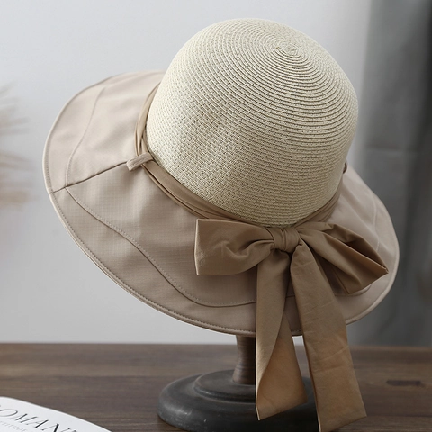Damen Sonnenhut Stroh Gewebe Stoff Große Krempe Fischerhut Große Schleife Französischer Retro Sommer Strand Sonnenschutz Dame