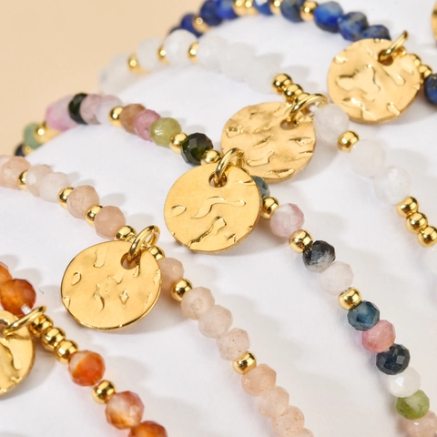 Natural Stone Beaded Bracelet With Hammered Gold Coin Pendant Stainless Steel Adjustable Boho Ethnic Jewelry For Women