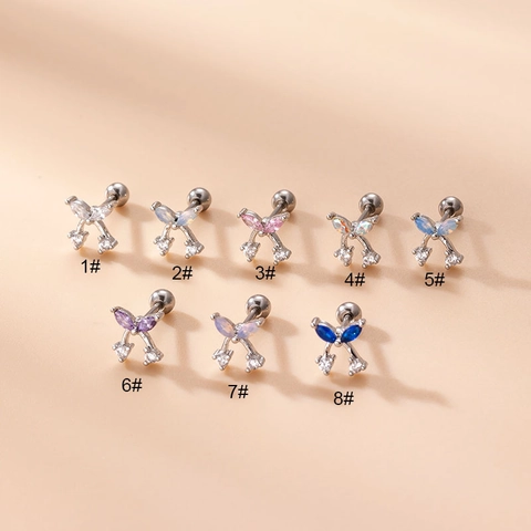Mini Bow Zircon Inlay Piercing Stud Earrings With Stainless Steel Screw Back Rod For Ear Cartilage Korean Fashion