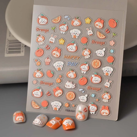 5D Reliëf Nagelstickers Schattige Cartoon Puppy Konijn Oranje Fruit 3D Waterdichte DIY Manicure Decoratie