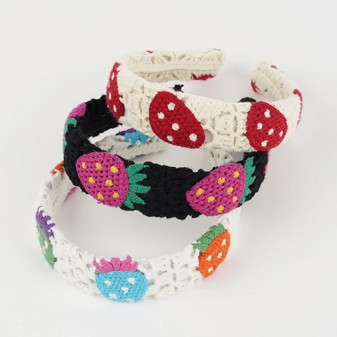 Women Sweet Bohemian Knitted Flower Headband Handmade Crochet Woolen Yarn Hair Band Fresh Floral Fruit Pattern Head Hoop Hair Accessories