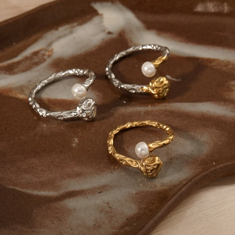 Anello Aperto Con Perla Artificial In Acciaio Inossidabile Irregolare Martellato Regolabile Impermeabile Ipoallergenico Gioielli Minimalisti Donna