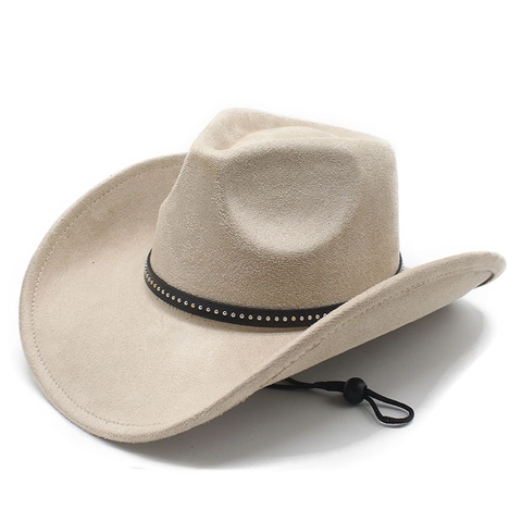 Cappello Da Cowboy Western Retro In Pelle Scamosciata Con Cinturino In Pelle Con Borchie E Cordino Antivento Regolabile