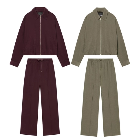 Corduroy Zipper Lapel Jacket And High Waist Straight Leg Pants Women Casual Solid Color Streetwear Fashion