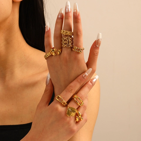 Geometric Chunky Rings Gold Plated Stainless Steel Waterproof Hypoallergenic Irregular INS Style For Women