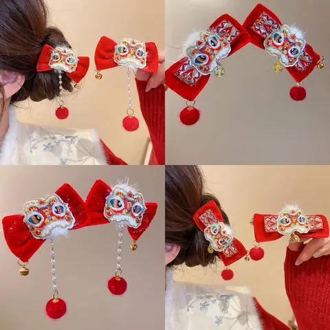 Lion Dance Red Velvet Bow Hair Clips Chinese Style New Year Embroidery Tassel Bell Artificial Pearl Festive Accessories Women