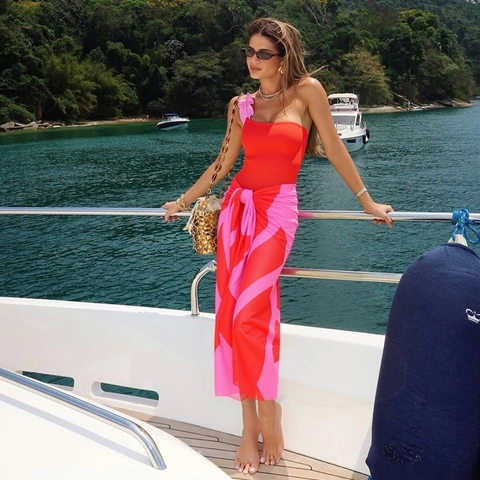 Women One Shoulder One Piece Swimsuit With Ruffle Color Block Beachwear Bathing Suit Sarong Cover Up Quick Dry Nylon