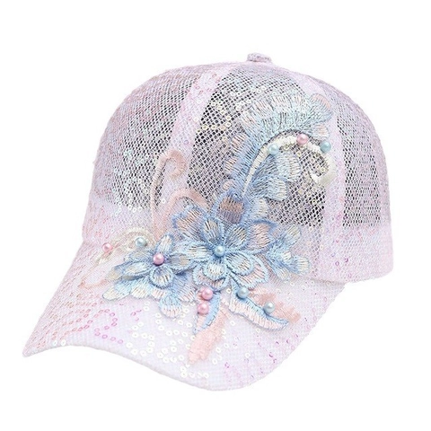 Women Mesh Baseball Cap With Sequins Dimensional Floral Embroidery And Artificial Pearls Sweet Breathable Summer Sun Hat