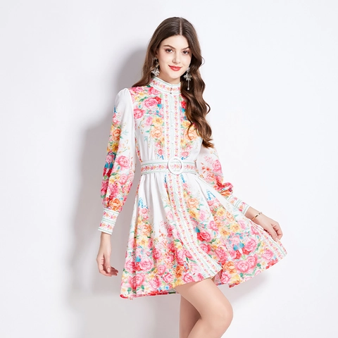 Vintage Court Style Blumen Mini Kleid Für Damen Elegant Stehkragen Laternenärmel Polyester Mit Gürtel