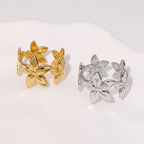 Flower Open Ring Stainless Steel 18K Gold Plated Adjustable Minimalist Floral Jewelry For Women Fashion Non-Tarnish
