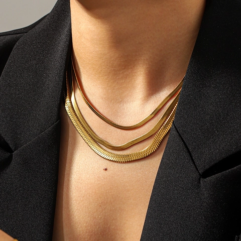 Collar Y Pulsera De Cadena De Serpiente Plana Para Mujer Acero Inoxidable Chapado En Oro De 18K Joyas Minimalistas
