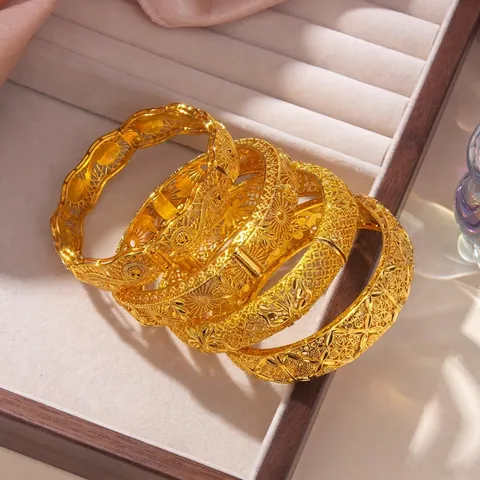 Retro Hollow Carved Gold Plated Copper Bracelet For Women African Ethnic Wedding Jewelry Bangle Sun Butterfly Pattern