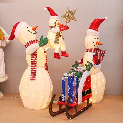 Decoraciones De Navidad Muñeco De Nieve Trineo Luminoso LED Hierro Tela Interior Exterior Jardín Porche Ornamento De Fiesta Pantalla