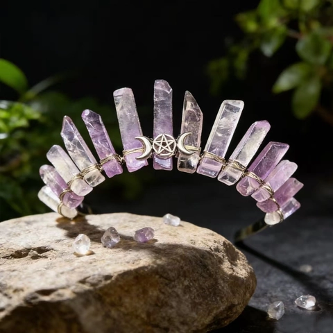 Krone Stirnband Mit Rohem Lila Kristallquarz Mond Stern Anhänger Böhmischer Elfenschmuck Handgefertigt