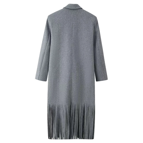 Dames Lange Wollen Jas Dubbele Knoopsgat Franje Zoom Reverskraag Losse Pasvorm Modieus Elegant Herfst Winter Bovenkleding
