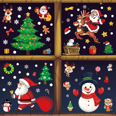 Christmas Window Stickers Static Cling PVC Removable Reusable Santa Snowflakes Reindeer Home Glass Decor Holiday Atmosphere