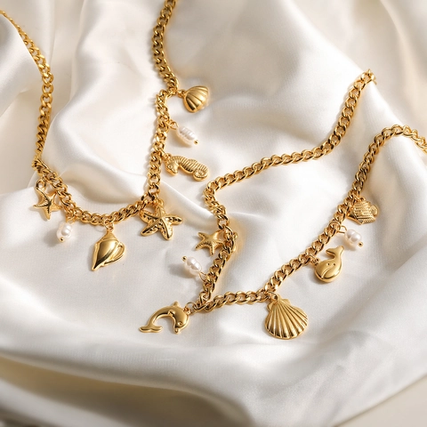 Ocean Theme Charm Necklace Gold Plated Stainless Steel With Artificial Pearls Starfish Shell Dolphin Marine Style For Women