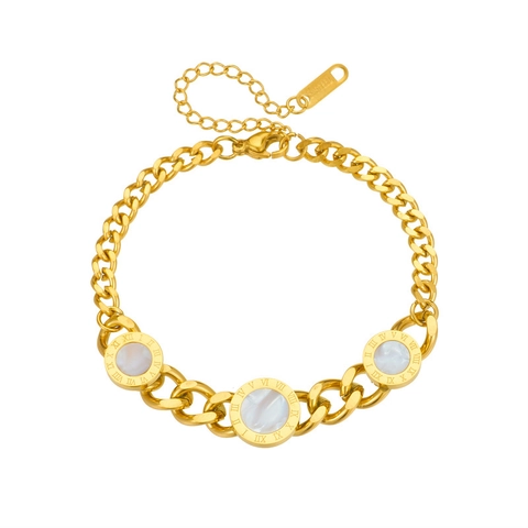 Gold Plated Stainless Steel Chain Bracelet With White Shell Mother Of Artificial Pearl Round Pendants And Roman Numerals For Women