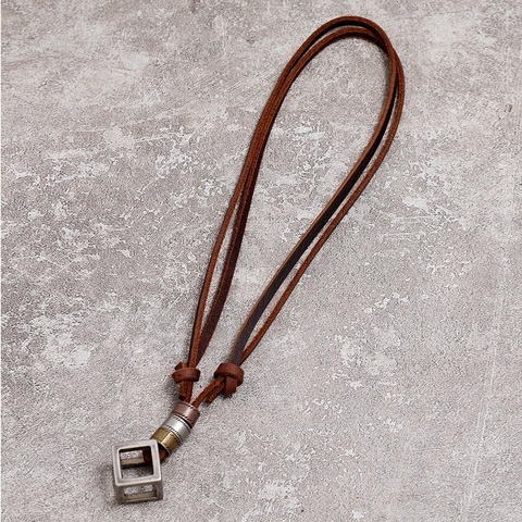 Men Retro Adjustable Cowhide Leather Cord Necklace With Hollow Alloy Cube Pendant Industrial Punk Style Neck Jewelry