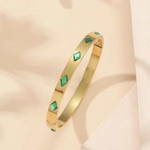 Bracciale Rigido Minimalista In Acciaio Inossidabile Con Zircone Rombo Verde Placcato Oro 18K Gioielli Da Donna