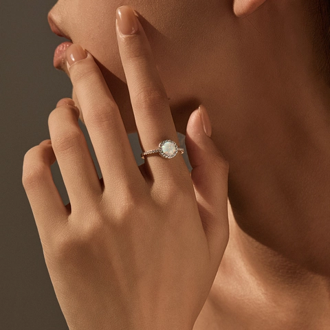 Opal Ring 925 Sterling Silver Minimalist Round White Lab-Grown Lab-Opal Cubic Zirconia Halo Finger Jewelry For Women