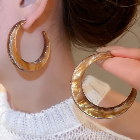 Vintage Hars C-Vormige Hoop Oorbellen Met Zilveren Oorsteker Amber Schildpad Patroon Retro Minimalistisch Voor Dames