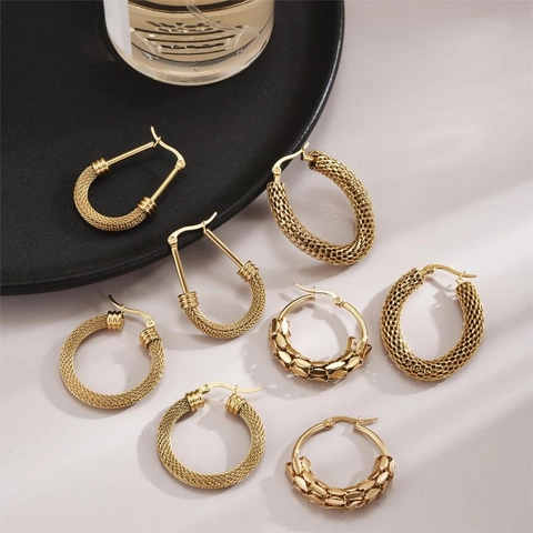 Minimalist Stainless Steel Hoop Earrings For Women Gold Plated Geometric Textured Woven Retro Style Fashion Jewelry