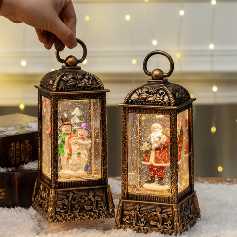 Christmas Snow Globe Lantern LED Lighted Glitter Water Lantern Vintage Bronze Santa Snowman Holiday Table Decoration