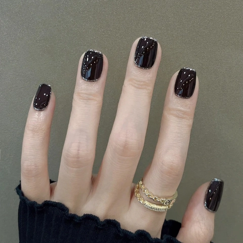 Press On Nails Black French Style Silver Glitter Short Square Head Artificial Fake Nails For Women Daily Wear