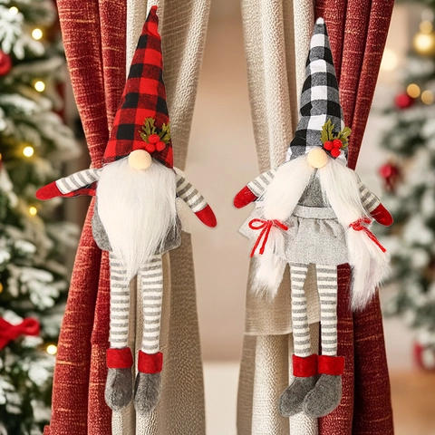 Christmas Gnome Curtain Buckle Tieback Buffalo Plaid Hat Faceless Old Man Doll Window Decoration Holiday Home Ornaments