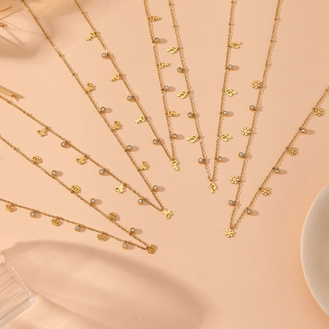 Stainless Steel Pendant Necklace Rhinestone Butterfly Snowflake Musical Note Crown Key For Women Gold Plated Jewelry