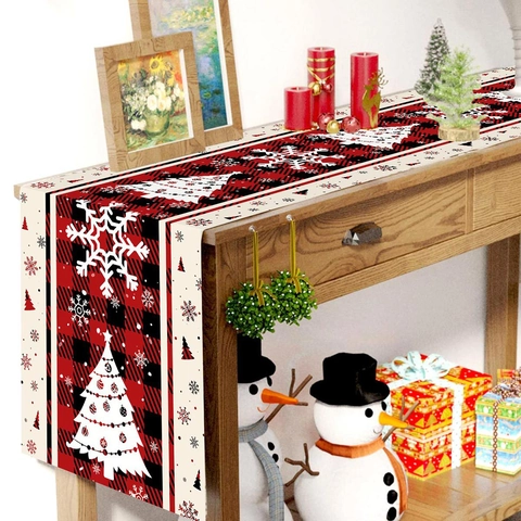 Camino De Mesa Navideño Poliéster Cuadros Rojos Y Negros Árbol De Navidad Copos De Nieve Decoración Fiesta