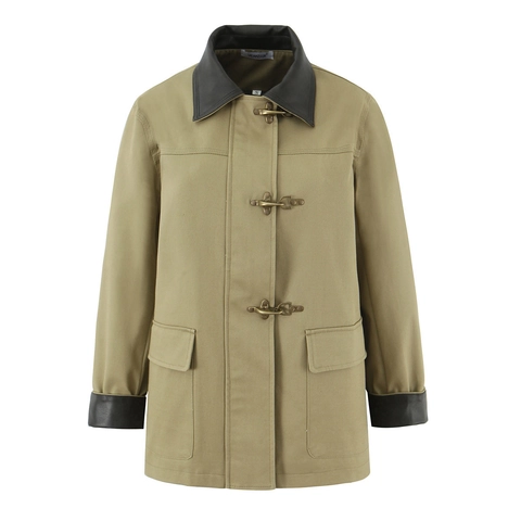 Giacca In Twill Di Cotone Vintage Da Donna Con Colletto In Similpelle Chiusura Con Alamari In Metallo Cappotto Casual