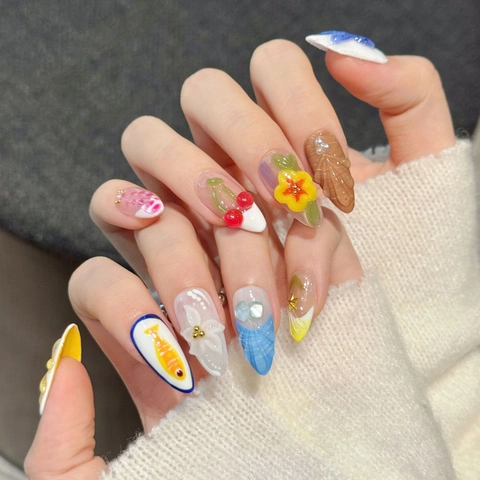 3D Embossed Press On Nails Summer Island Fruit Fish Shell Design Handmade Resin Fake Nails Colorful