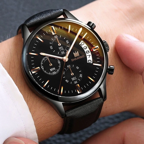 SHAARMS Men's Quartz Watch Alloy Case Artificial Leather Strap Chronograph Style Calendar Display Business Casual Wristwatch
