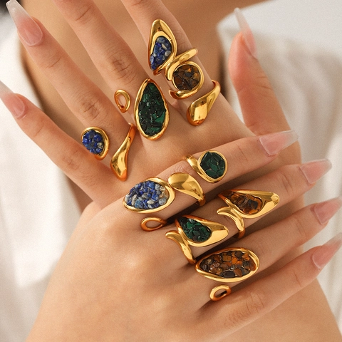 Anello Aperto In Pietra Naturale Vintage Francese Per Donna Acciaio Inossidabile Geometrico Irregolare Boemo Gioielli