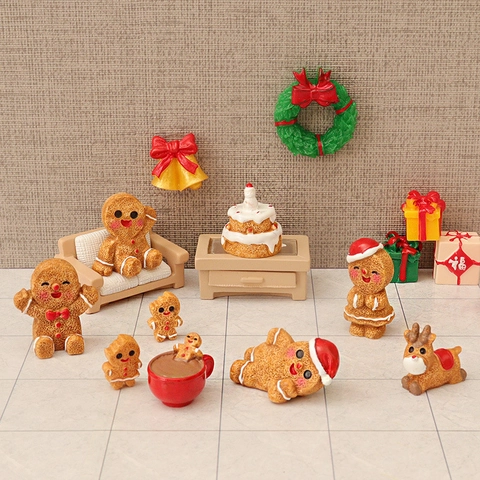 Miniature Christmas Dollhouse Decoration Resin Plastic Gingerbread Man Snowman Reindeer Wreath Tiny Festive Micro Landscape Ornaments