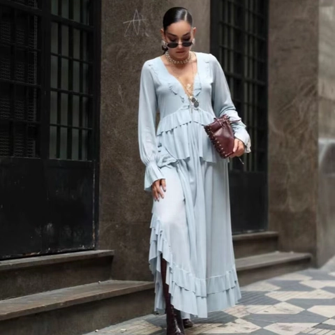 Dames Top Met Ruches En Rok Met Hoge Taille Hemelblauw V Hals Lange Mouwen Gelaagd Elegant Boho Outfits