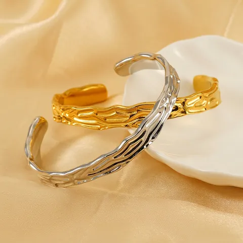 Irregular Texture Cuff Bangle Stainless Steel 18K Gold Plated Molten Lava Aesthetic Minimalist Adjustable Hand Jewelry For Women