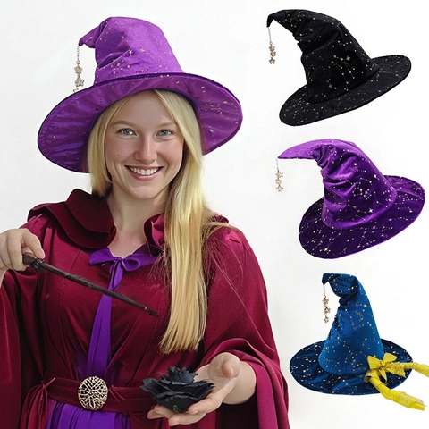 Cappello Da Strega Halloween Motivo Stelle Velluto Appuntito Con Fiocco Di Nastro Dorato E Pendenti A Stella Cosplay