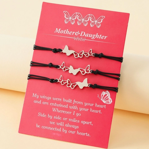 Mother Daughter Butterfly Charm Bracelets Stainless Steel Hollow Butterfly Woven Rope Adjustable Jewelry With Gift Card