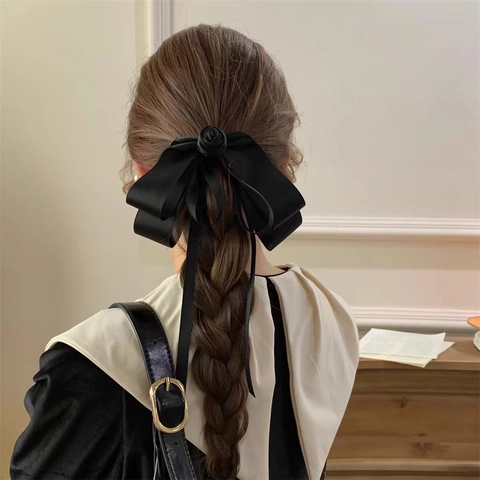 Molletta Per Capelli Con Fiocco In Raso Nero Vintage Francese Con Decorazione Di Rosa Nastri Lunghi Accessorio Elegante