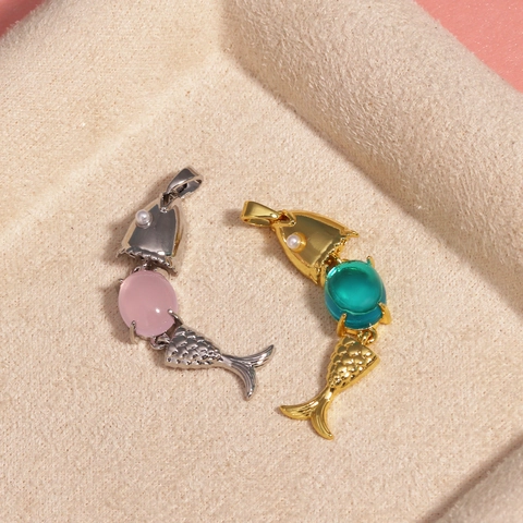Beweglicher Tropenfisch Anhänger Halskette Kupfer 18K Vergoldet Mit Edelstein Und Künstliche Perle Trendiger Marine Schmuck