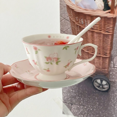 Ensemble Tasse À Café Et Soucoupe En Céramique Motif Rose Lapin Thé De L'après-midi Style Coréen Rétro Romantique